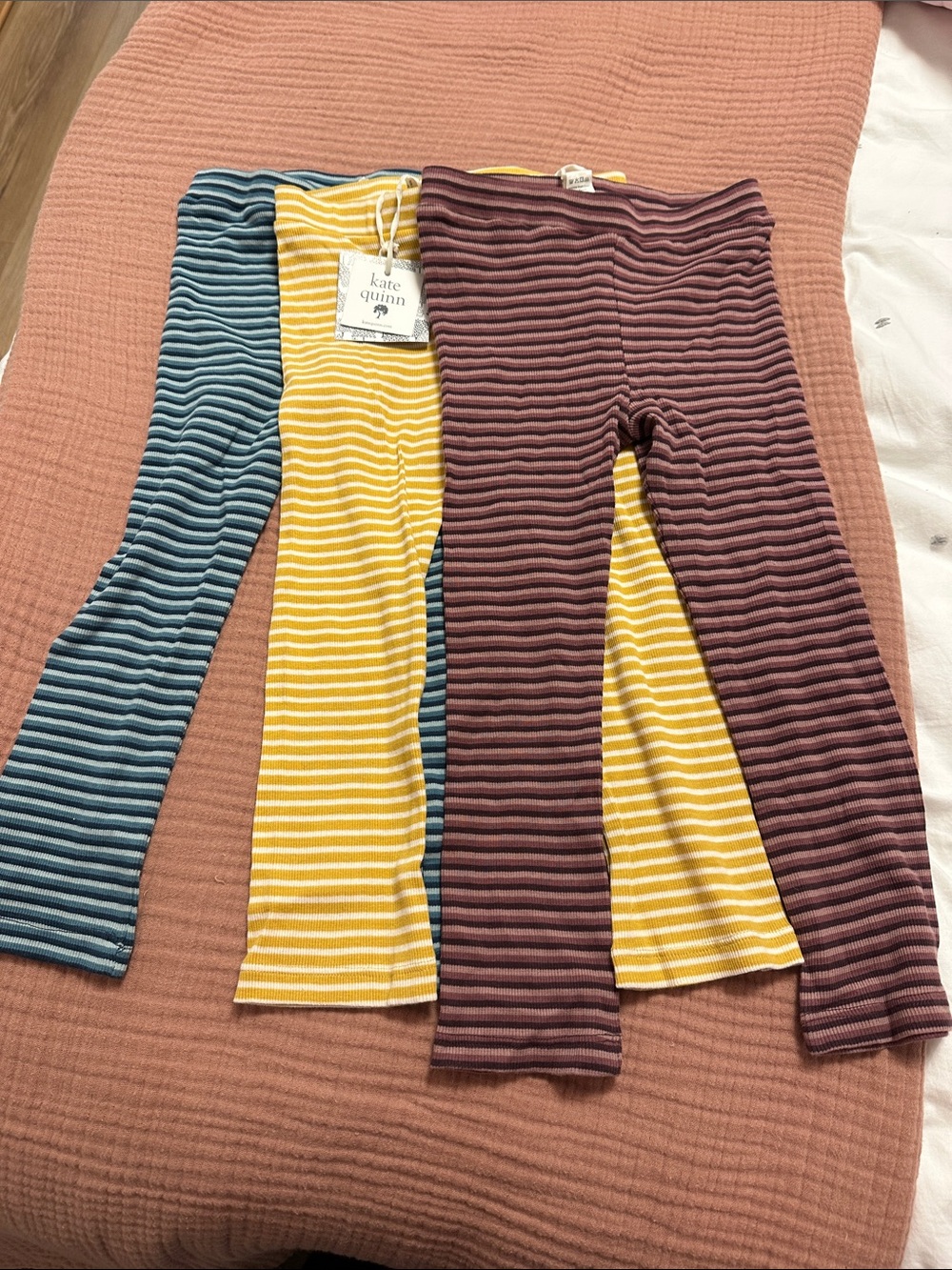 Organic cotton - kate quinn Striped Ribbed Leggings Trio - Blue, Yellow, Mauve